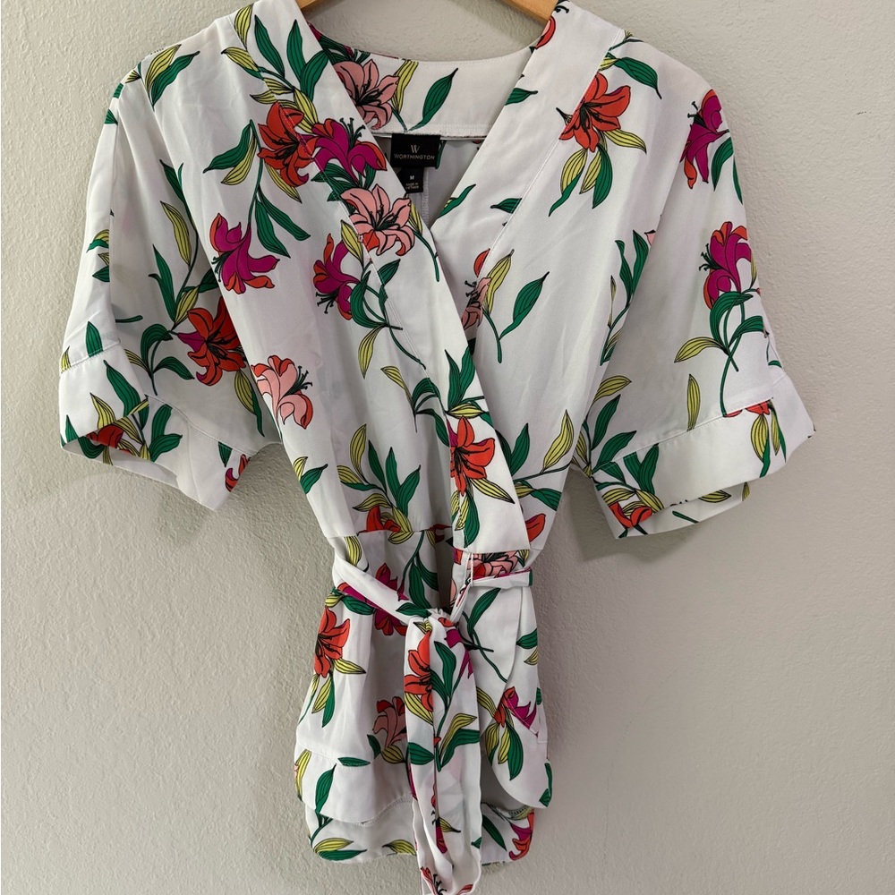 Worthington Floral Wrap Blouse White Short Sleeve Belted Top Size M
